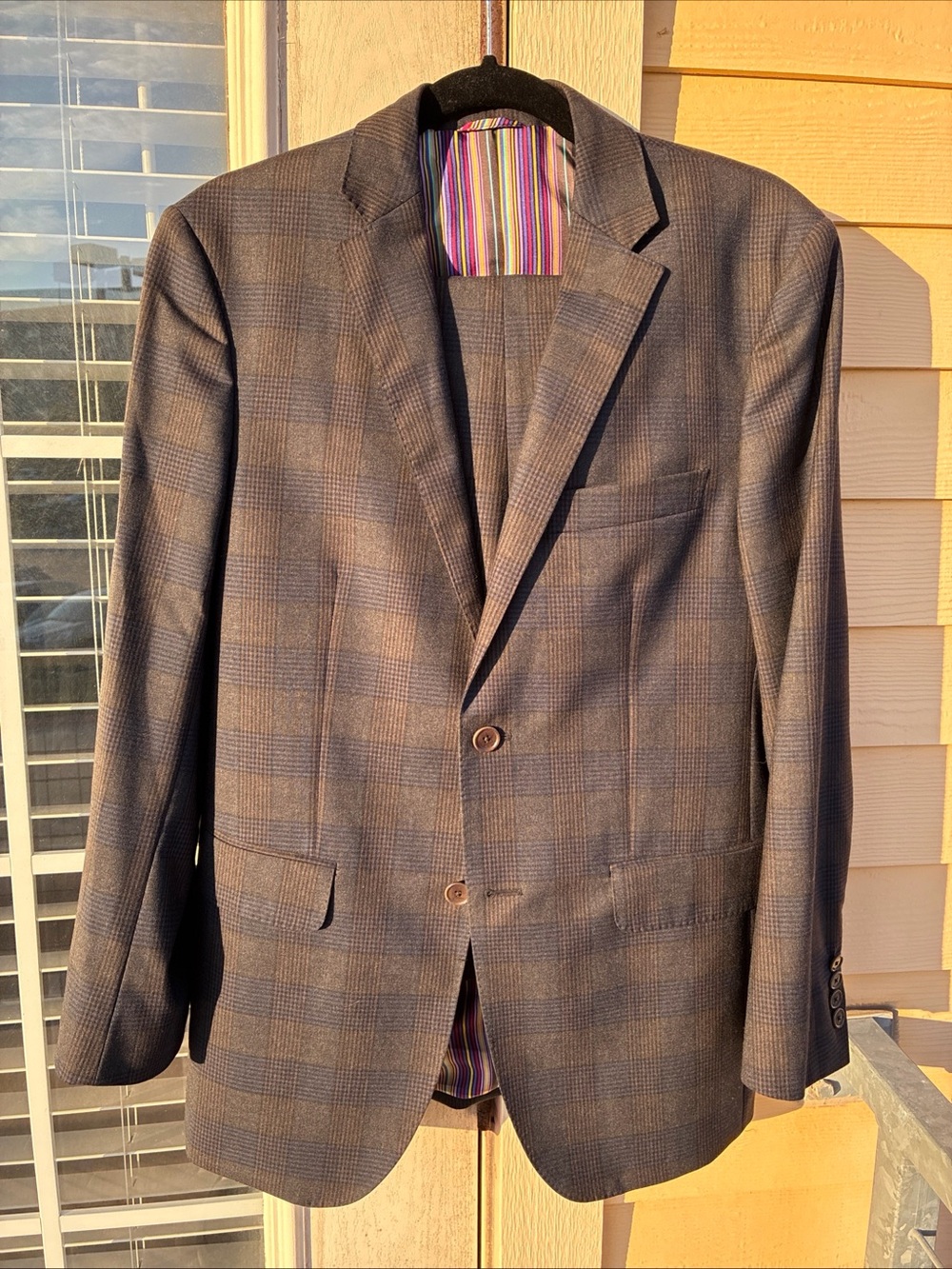 Etro Brown Blue Grey Check Suit US38 Very Slim Excellent